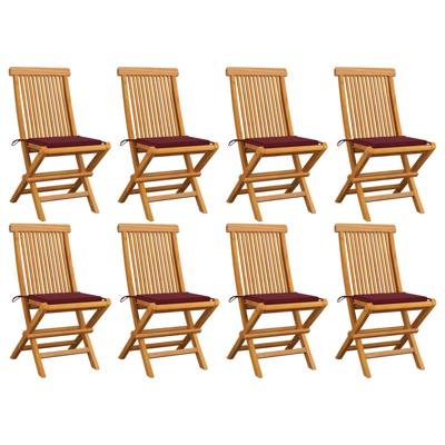 Tuinstoelen 8 st met wijnrode kussens massief teakhout