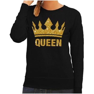 Koningsdag Sweater voor dames - Queen - glitter goud - zwart - feestkleding