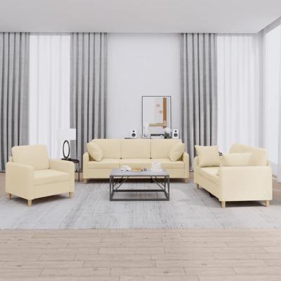 3-delige Loungeset met kussens stof crèmekleurig
