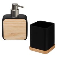 Badkamer/toilet accessoires set - tandenborstelhouder en zeeppompje - zwart - bamboe - 200 ml - thumbnail