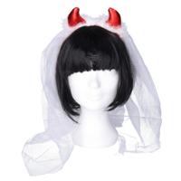 Halloween diadeem - duivel hoorntjes - met sluier - rood - glitter - one size - dames/meisjes Halloween diadeem - duivel hoorntjes - met sluier - rood - glitter - one size - dames/meisjes