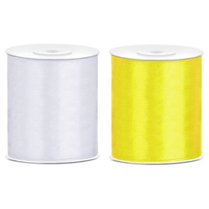 2x rollen hobby decoratie satijnlint geel-wit 10 cm x 25 meter