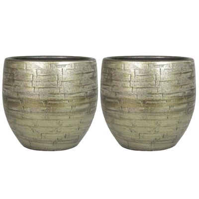 Set van 2x plantenpot/bloempot keramiek glans goud stones patroon - D16/H14 cm