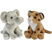 Safari dieren serie pluche knuffels 2x stuks - Olifant en Luipaard van 15 cm