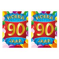 Verjaardag deurposter - 2x - 90 jaar - multi - 59 x 84 cm - leeftijd feestartikelen