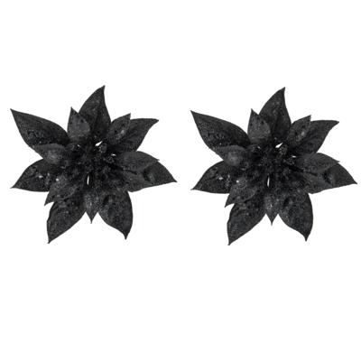 Decoratie bloem - 2x stuks - kerstster - op clip - zwart - glitter -15 cm - kunststof - kerstversier