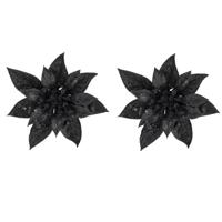 Decoratie bloem - 2x stuks - kerstster - op clip - zwart - glitter -15 cm - kunststof - kerstversier