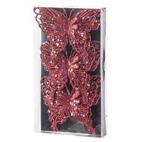 3x Kerstboomversiering vlinders op clip glitter rood 11 cm - thumbnail