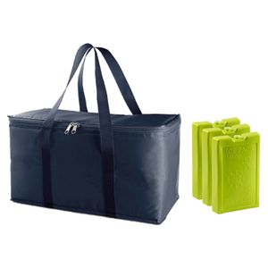 Grote koeltas blauw 39 x 22 x 19 cm met 3x stuks groene koelelementen