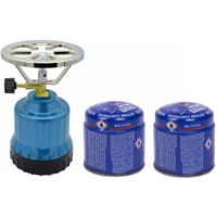 Camping kookstel kunststof metallic blauw incl. 2x gas navulling priktank 190 gram - thumbnail