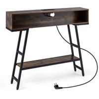 Console met Ledverlichting en Oplaadstation 3-Traps Haltafel met Opbergruimte en Legplank Smalle Salontafel 100 x 20 x 86,5 cm-Bruin