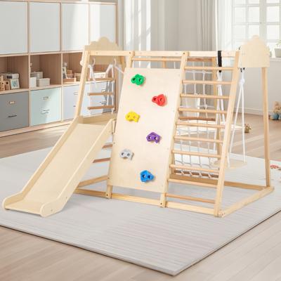 8-in-1 Jungle Gymnastiekset Houten Montessori Klimspelletjes met Klimstangen Natuur