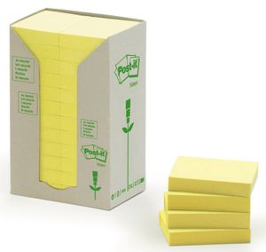 Post-it Recycled notes, 100 vel, ft 38 x 51 mm, geel, pak van 24 blokken