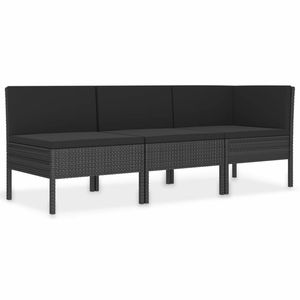 vidaXL 3-delige Loungeset met kussens poly rattan zwart