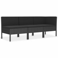 vidaXL 3-delige Loungeset met kussens poly rattan zwart