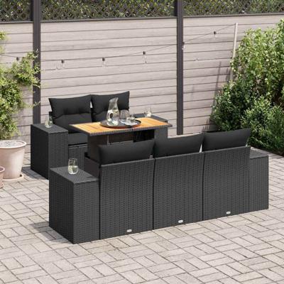 6-delige Loungeset met kussens poly rattan zwart