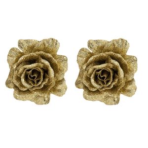 2x stuks decoratie bloemen roos goud glitter op clip 10 cm - Kunstbloemen