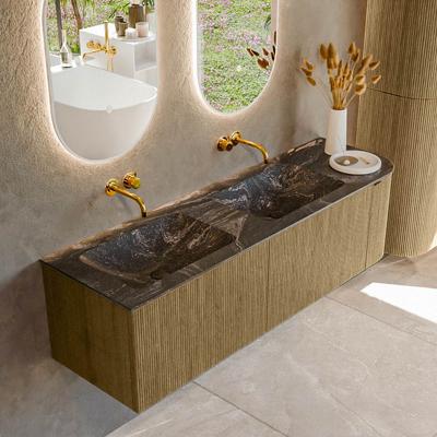 Badmeubel Mondiaz Kurve-Dlux | 155 cm cm | Meubelkleur Dusk | Wastafelkleur Lava | Solid surface | Dubbel / Links spoelbak | Zonder kraangat(en)