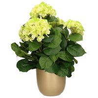 Hortensia kunstplant/kunstbloemen 45 cm - groen - in pot goud - thumbnail