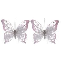 2x Witte decoratie vlinders op clip 15,5 cm