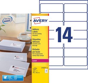 Avery L7163, Adresetiketten, Laser, Ultragrip, wit, 40 vellen, 14 per vel, 99,1 x 38,1 mm