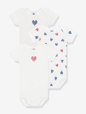 Set van 3 PETIT BATEAU baby rompers met korte mouwen en gestreepte hartjes wit