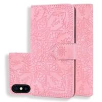 Kalf patroon dubbele vouwen ontwerp reliëf lederen draagtas met portemonnee & houder & kaartsleuven voor iPhone XS/X (roze)