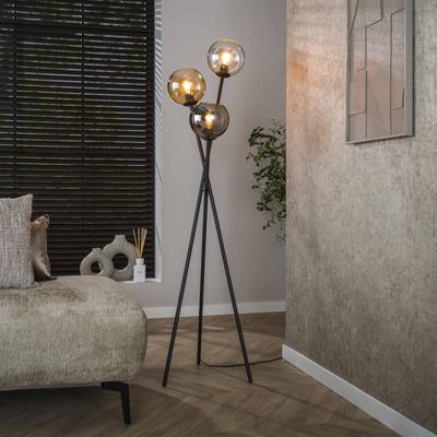 LifestyleFurn Vloerlamp 'Willaim' 3-lamps, kleur Chroom, Amber en Grijs