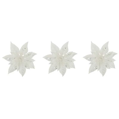 3x stuks decoratie bloemen kerstster wit glitter op clip 15 cm