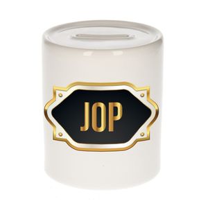 Naam cadeau spaarpot Jop met gouden embleem