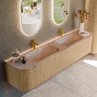 Badmeubel Mondiaz Kurve-Dlux | 200 cm | Meubelkleur Oak | Wastafelkleur Saba | Solid surface | Wasbak beide zijden spoelbak | 2 kraangaten