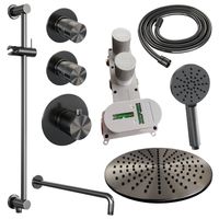 Regendoucheset Inbouw Brauer Gunmetal Edition Thermostatisch 30 cm met Gebogen Wandarm, Glijstang en Handdouche 3-Standen Geborsteld Gunmetal Brauer