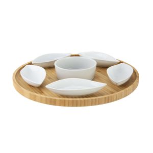 Serveerplank bamboe dia 26 cm met 6x luxe hapjes/saus/tapas keramieken schaaltjes