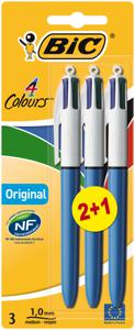 Bic Colours Original 4-kleurenbalpen, medium, klassieke inktkleuren, blauw, op blister 2+1 gratis