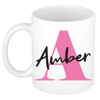 Naam mok Amber - roze - wit - keramiek - 300 ml - verjaardag/cadeau beker