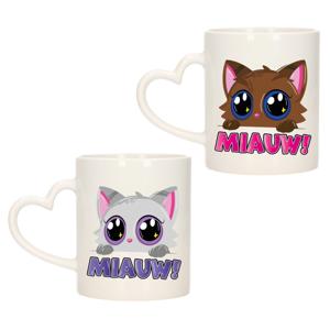 Cadeau set van 2x stuks koffie/thee drink mokken - poes/kat - Miauw - hartjes oor - keramiek