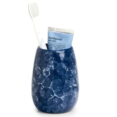 Tandenborstelhouder - keramiek - marmerlook blauw - 8 x 11 cm