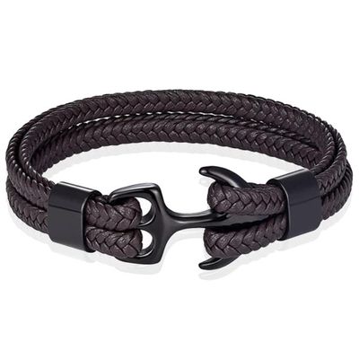 Tom Jaxon Heren armband Anker gevlochten Leer Zwart Bruin