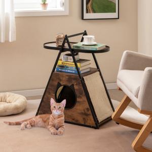 Kattenkast Kattenhuis & Bijzettafel & Nachtkastje Kast met Kattenmand & 2 Krabmatten & 2 Planken A-Frame Kattenmeubel voor Katten