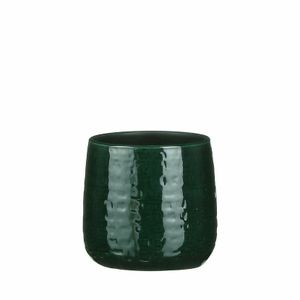 Plantenpot/bloempot keramiek donkergroen relief patroon - D15 en H13 cm