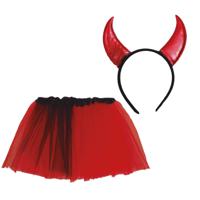 Duivel verkleed setje voor kinderen - rokje/diadeem - rood - Halloween/carnaval verkleed accessoires - thumbnail