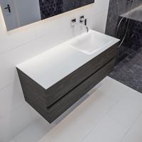 Mondiaz Vica Cloud badmeubel eiken donker bruin 120 cm 2 lades solid surface enkele spoelbak rechts zonder kraangat