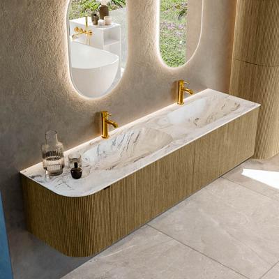 Badmeubel Mondiaz Kurve-Dlux | 175 cm cm | Meubelkleur Dusk | Wastafelkleur Glace | Solid surface | Dubbel / Rechts spoelbak | 2 kraangaten