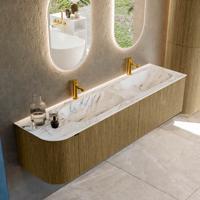 Badmeubel Mondiaz Kurve-Dlux | 175 cm cm | Meubelkleur Dusk | Wastafelkleur Glace | Solid surface | Dubbel / Rechts spoelbak | 2 kraangaten