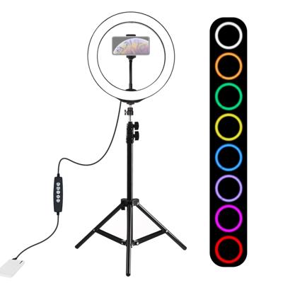 PULUZ 1.1 m statief mount + 10 inch 26cm RGBW LED ring VLogging video licht live broadcast kits met koude schoen statief bal hoofd & telefoon klem
