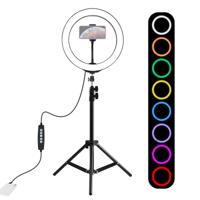 PULUZ 1.1 m statief mount + 10 inch 26cm RGBW LED ring VLogging video licht live broadcast kits met koude schoen statief bal hoofd & telefoon klem
