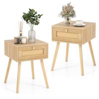 Set van 2 Rotan Nachtkastjes Bijzettafel met Lade en 4 Grenen Poten Banktafel voor Slaapkamer Woonkamer Eiken Natuurlijke Stijl