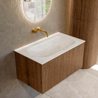 Badmeubel Mondiaz Kurve-Dlux | 80 cm | Meubelkleur Walnut | Wastafelkleur Ostra | Solid surface | Midden spoelbak | Zonder kraangat(en) Badmeubel Mondiaz Kurve-Dlux | 80 cm | Meubelkleur Walnut | Wastafelkleur Ostra | Solid surface | Midden spoelbak | Zonder kraangat(en)