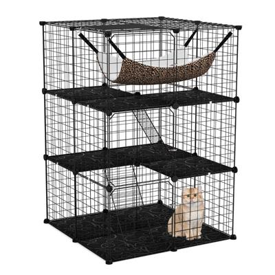 107 cm Kattenren met 3 Verdiepingen Huisdierkooi met Comfortabele Hangmat Afneembare Metalen Draadkooi voor Katten Zwart