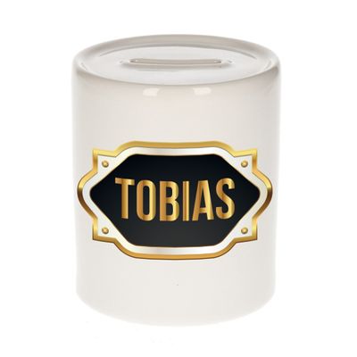 Naam cadeau spaarpot Tobias met gouden embleem